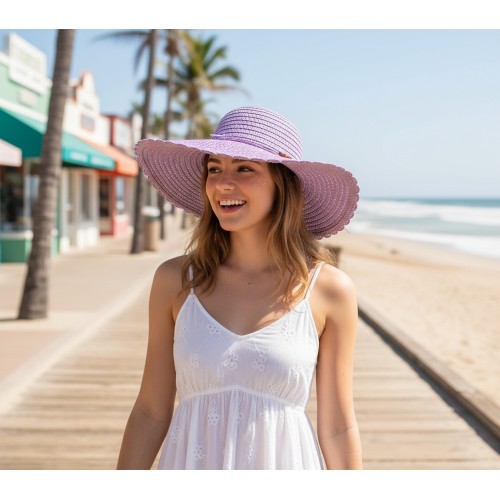 Straw Big Rim Hat w/ Beads - Purple - HT-M234PL